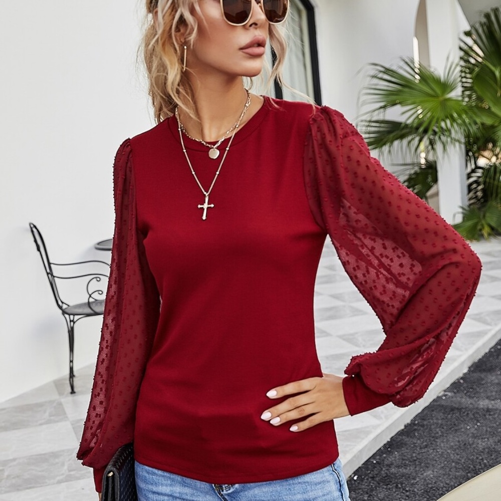 polka dot sheer balloon long sleeve top BLACK - Picture 5 of 13